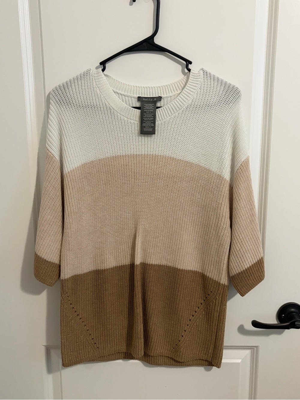Matty M Colorblock Knit Crewneck Sweater - White, Beige & Brown